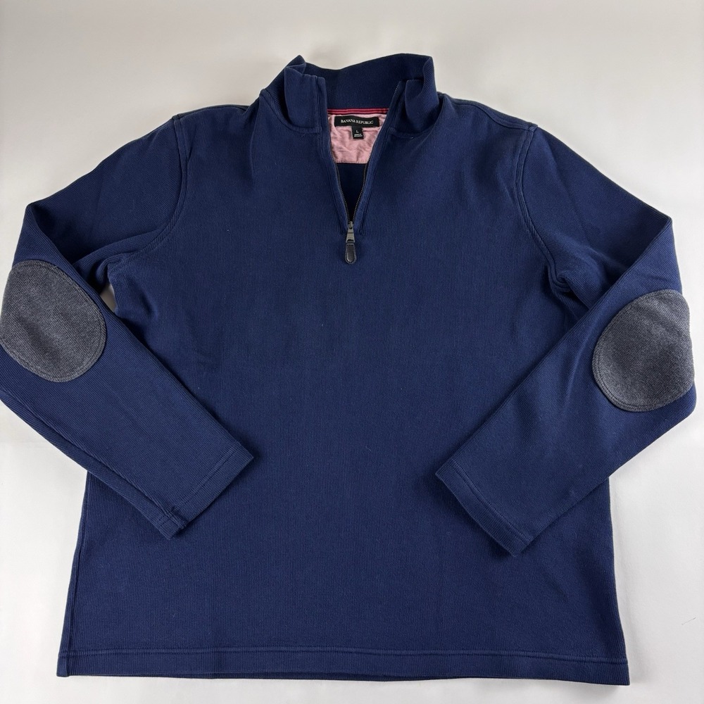 Banana Republic‎ Sweater Mens Large Blue Elbow Pads Pullover 1/4th Zip Casual